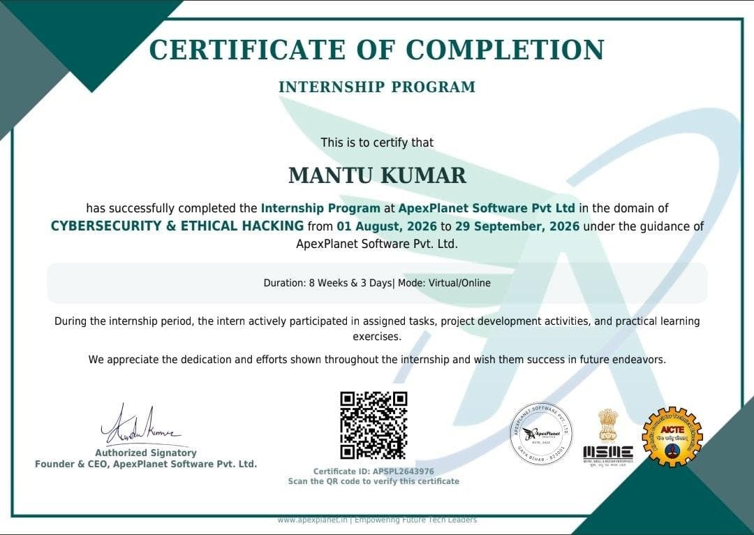 Cybersecurity & Ethical Hacking Intern — ApexPlanet Software Pvt Ltd